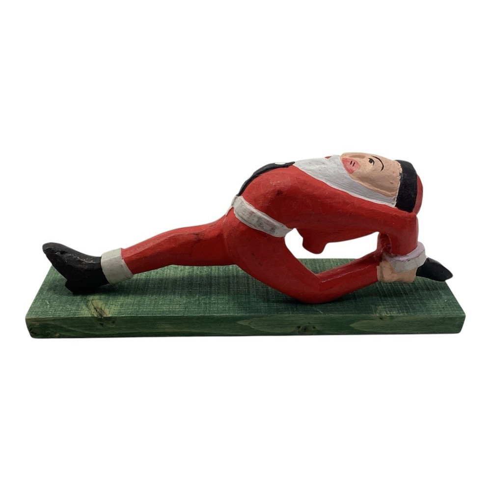 Vtg 6" SIGNED HAND CARVED WOOD FOLK ART Yoga Stretch SANTA FIGURINE